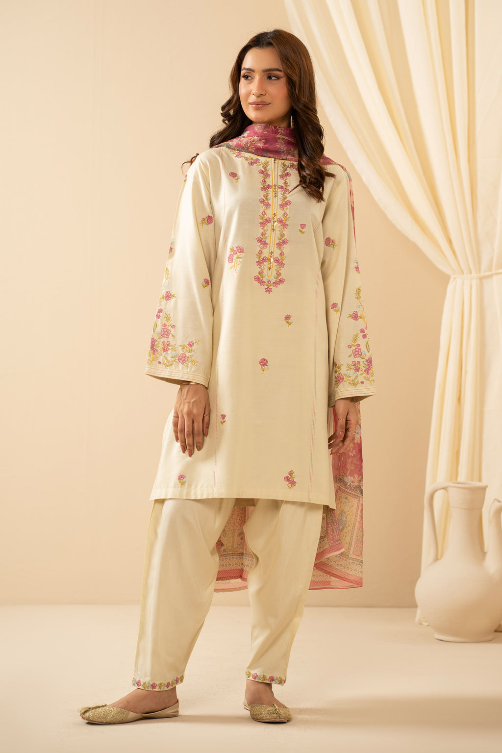 STITCHED EMBROIDERED COTTON SILK SUIT
