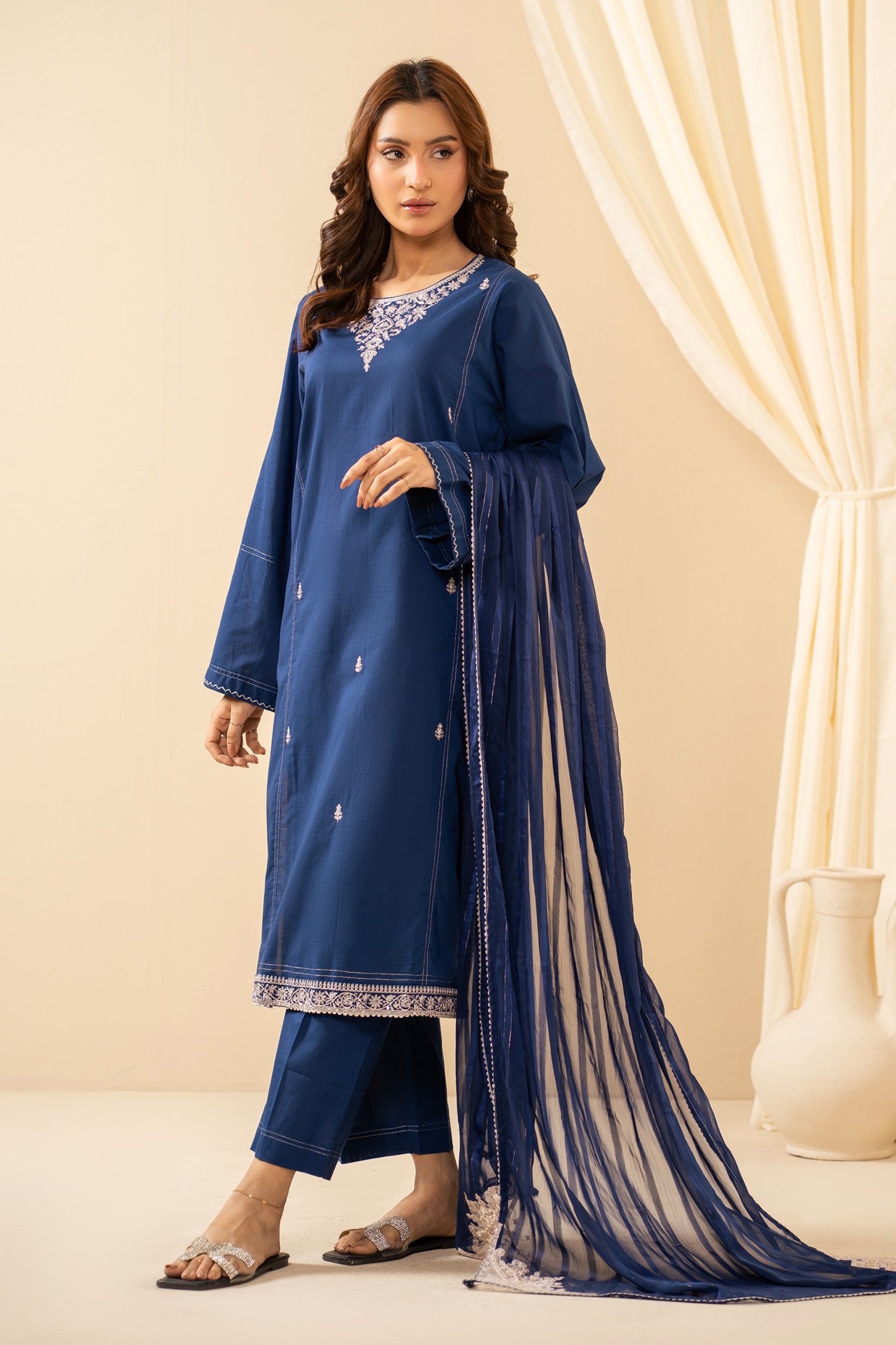 EMBROIDERED CAMBRIC STITCHED 3 PIECE SUIT