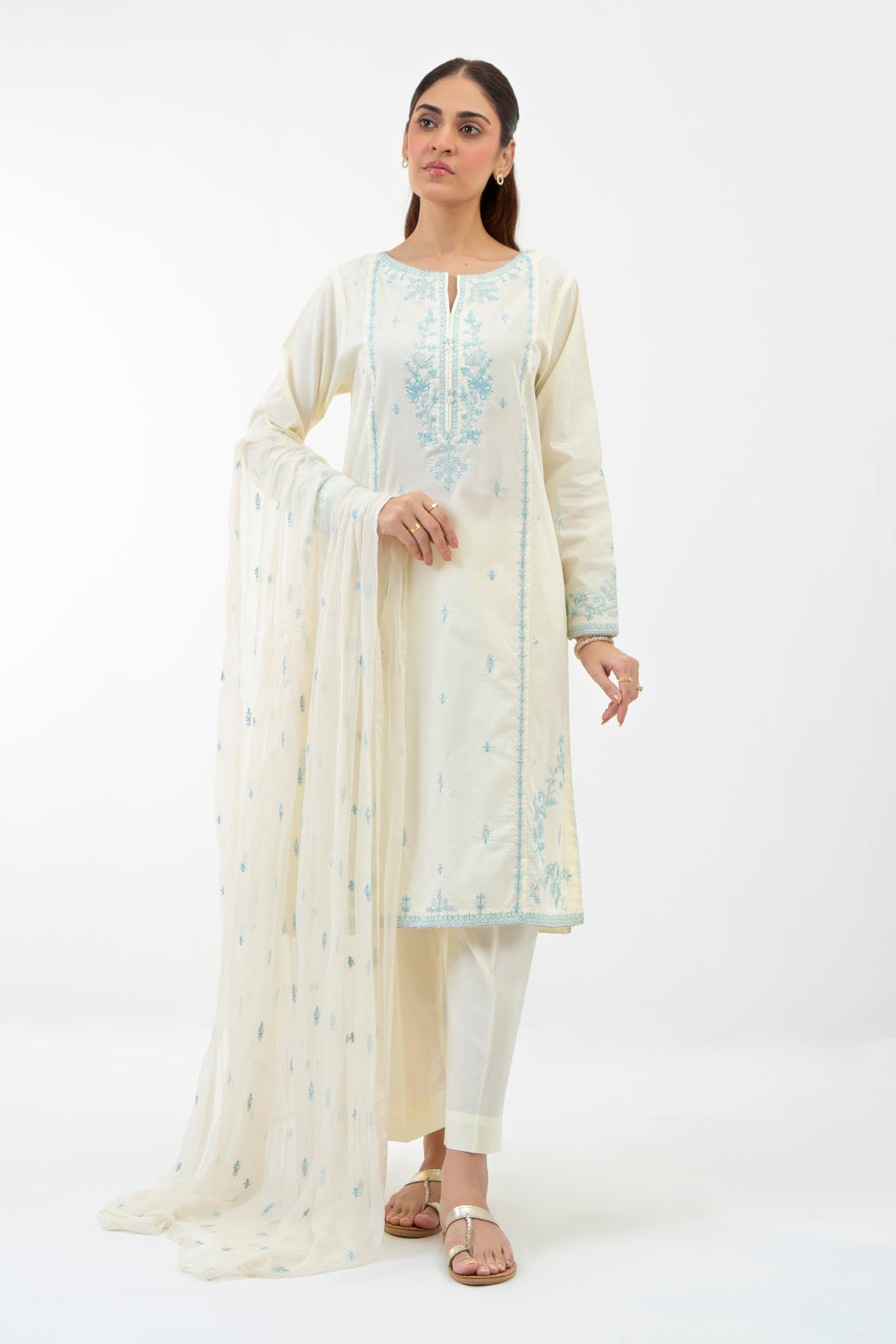 EMBROIDERED CAMBRIC STITCHED 3 PIECE SUIT