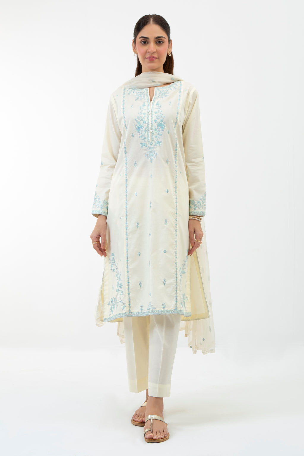 EMBROIDERED CAMBRIC STITCHED 3 PIECE SUIT