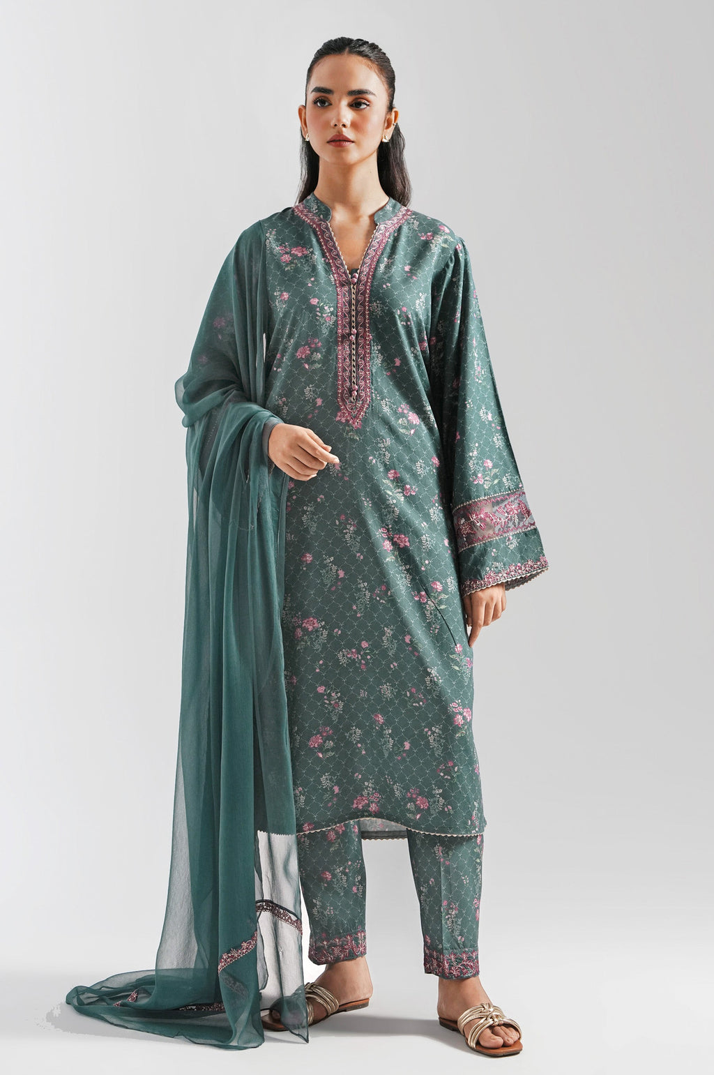 STITCHED EMBROIDERED RAW SILK SUIT (FACTORY E-OUTLET)