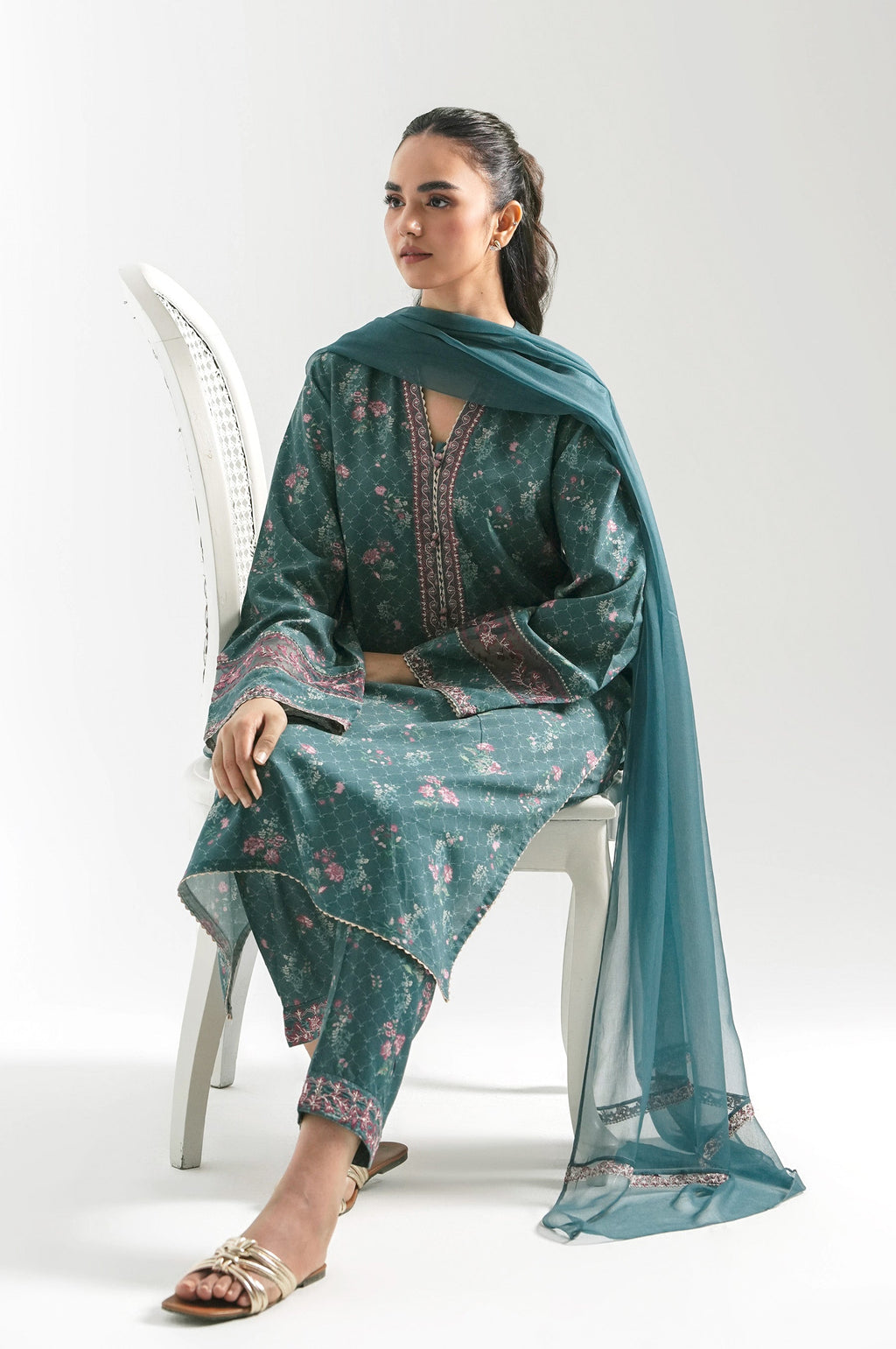 STITCHED EMBROIDERED RAW SILK SUIT (FACTORY E-OUTLET)