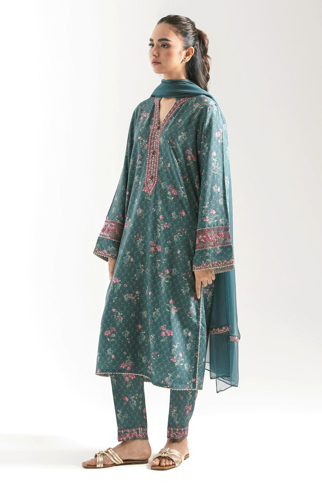 STITCHED EMBROIDERED RAW SILK SUIT (FACTORY E-OUTLET)