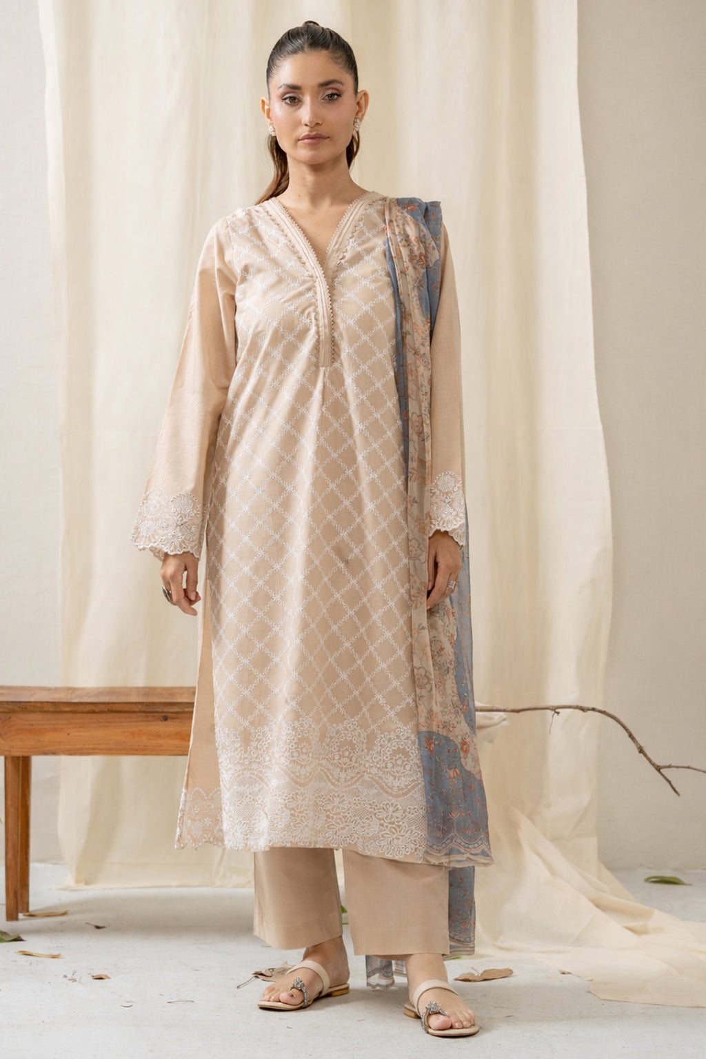 DYED CHIKANKARI STITCHED 3 PIECE SUIT