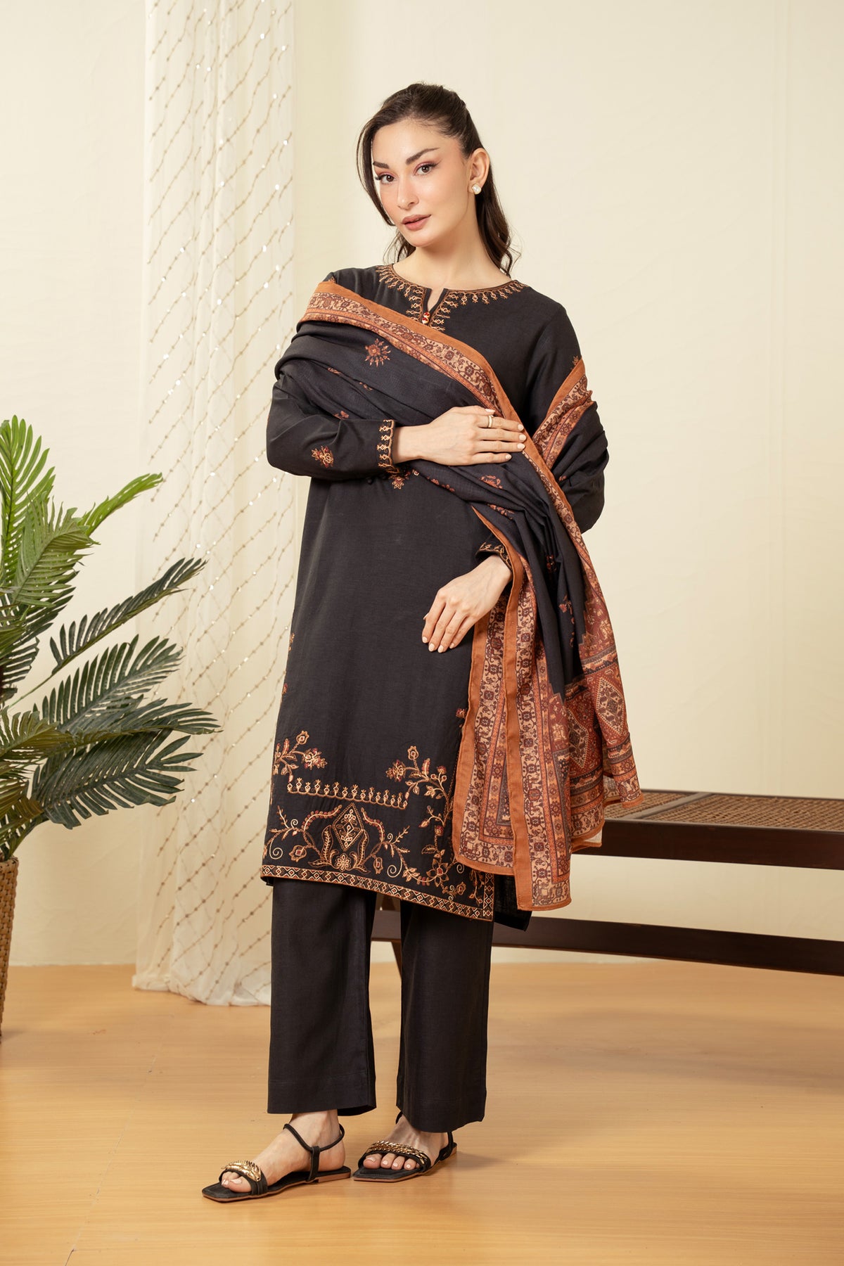 EMBROIDERED COTTON LINEN STITCHED 3 PIECE SUIT