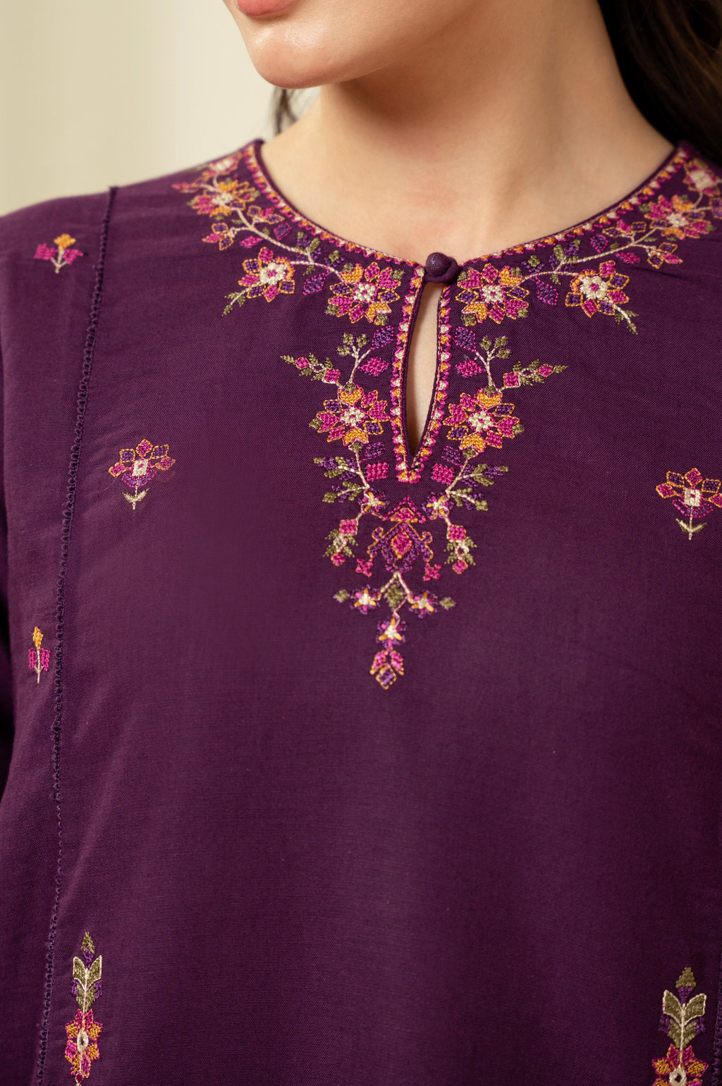 EMBROIDERED COTTON LINEN STITCHED SHIRT BOTTOM