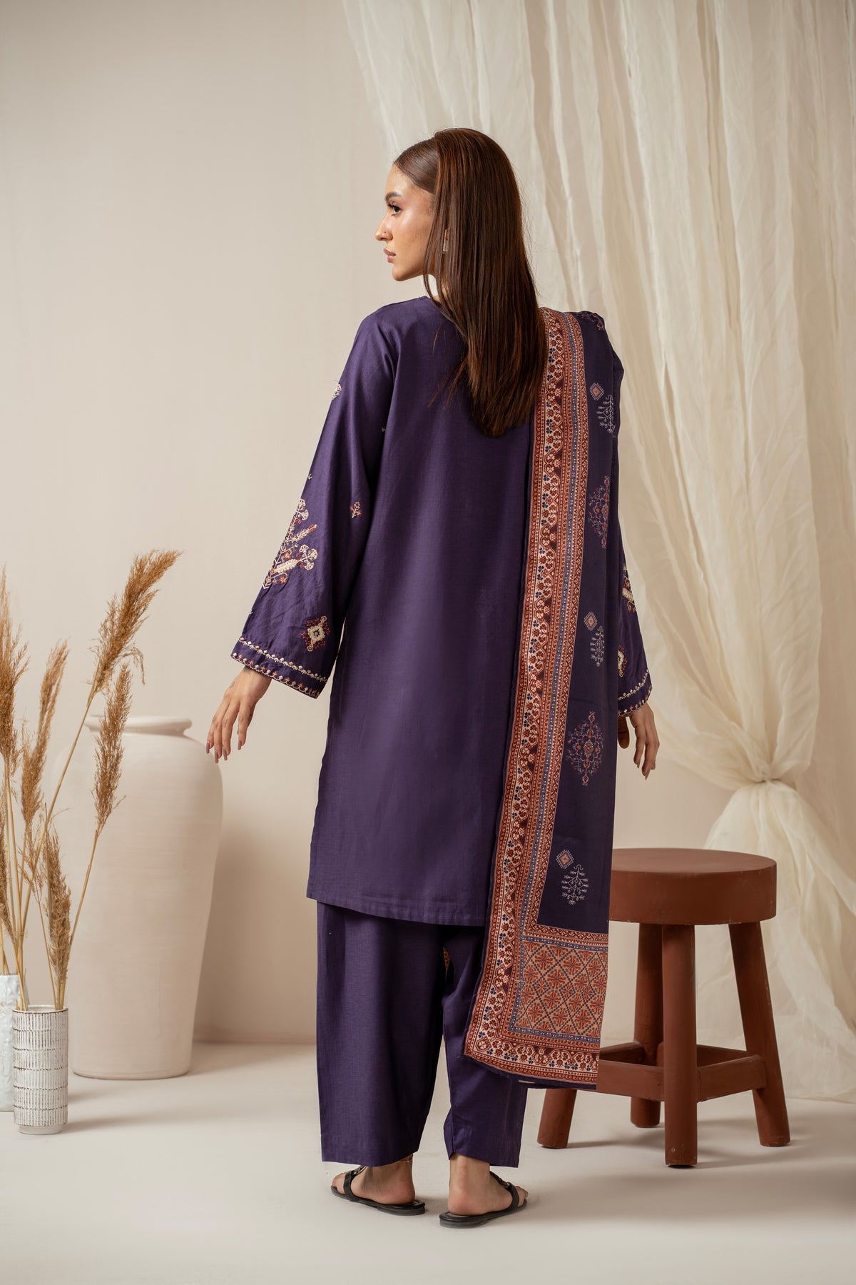 EMBROIDERED COTTON LINEN STITCHED 3 PIECE SUIT
