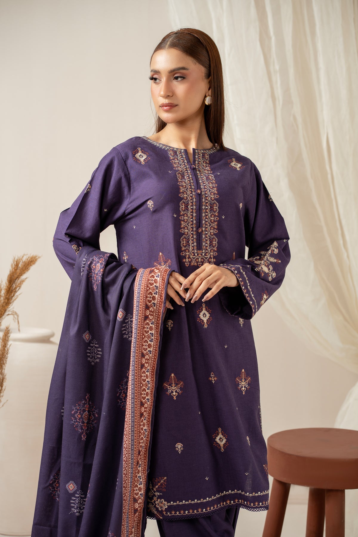 EMBROIDERED COTTON LINEN STITCHED 3 PIECE SUIT