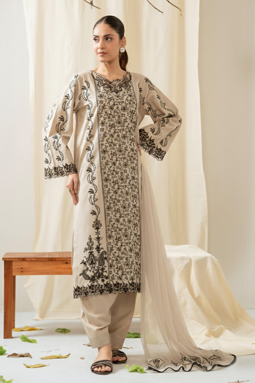 EMBROIDERED CAMBRIC STITCHED 3 PIECE SUIT