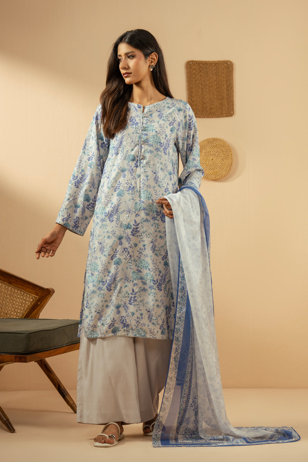 PRINTED RAW SILK STITCHED 3 PIECE SUIT