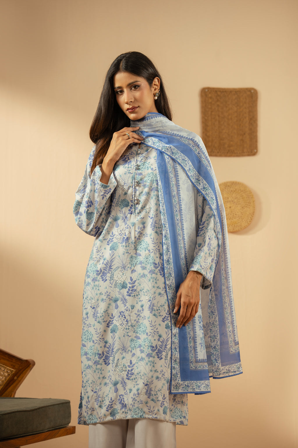 PRINTED RAW SILK STITCHED 3 PIECE SUIT
