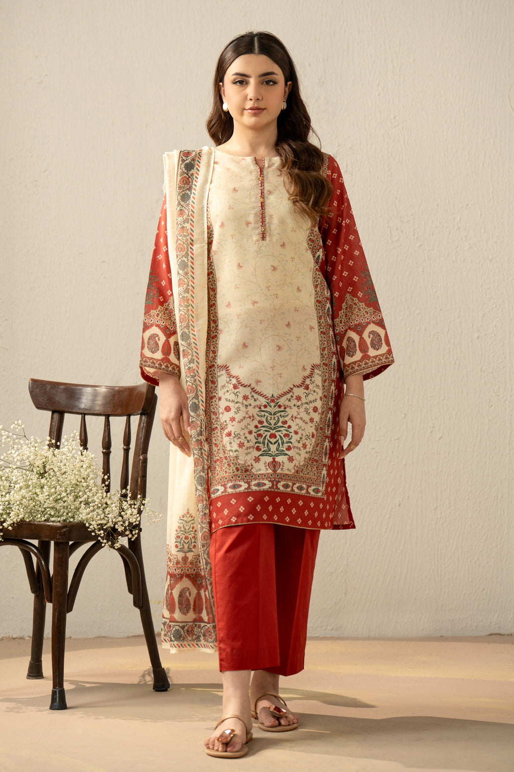 PRINTED CAMBRIC ZARI STITCHED 3 PIECE SUIT