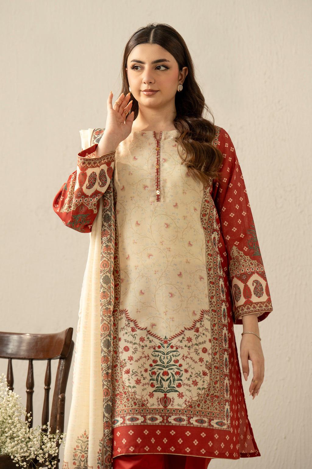 PRINTED CAMBRIC ZARI STITCHED 3 PIECE SUIT
