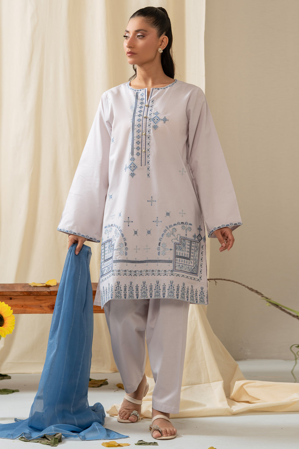 STITCHED EMBROIDERED CAMBRIC SUIT