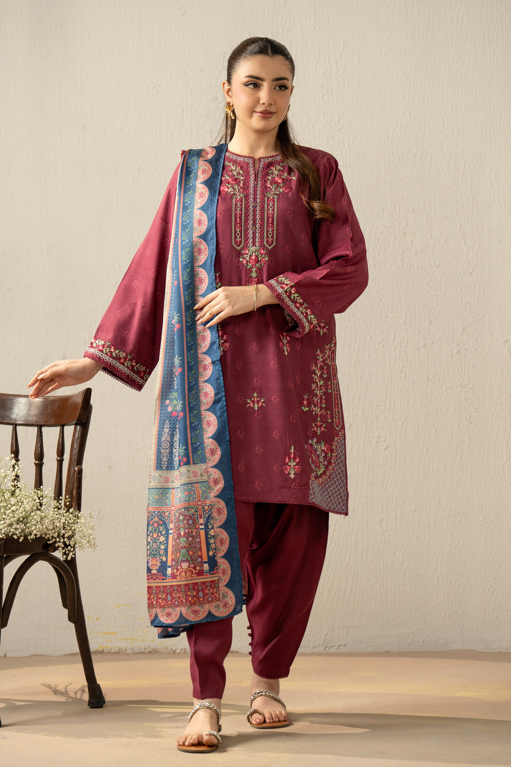 EMBROIDERED RAW SILK STITCHED 3 PIECE SUIT