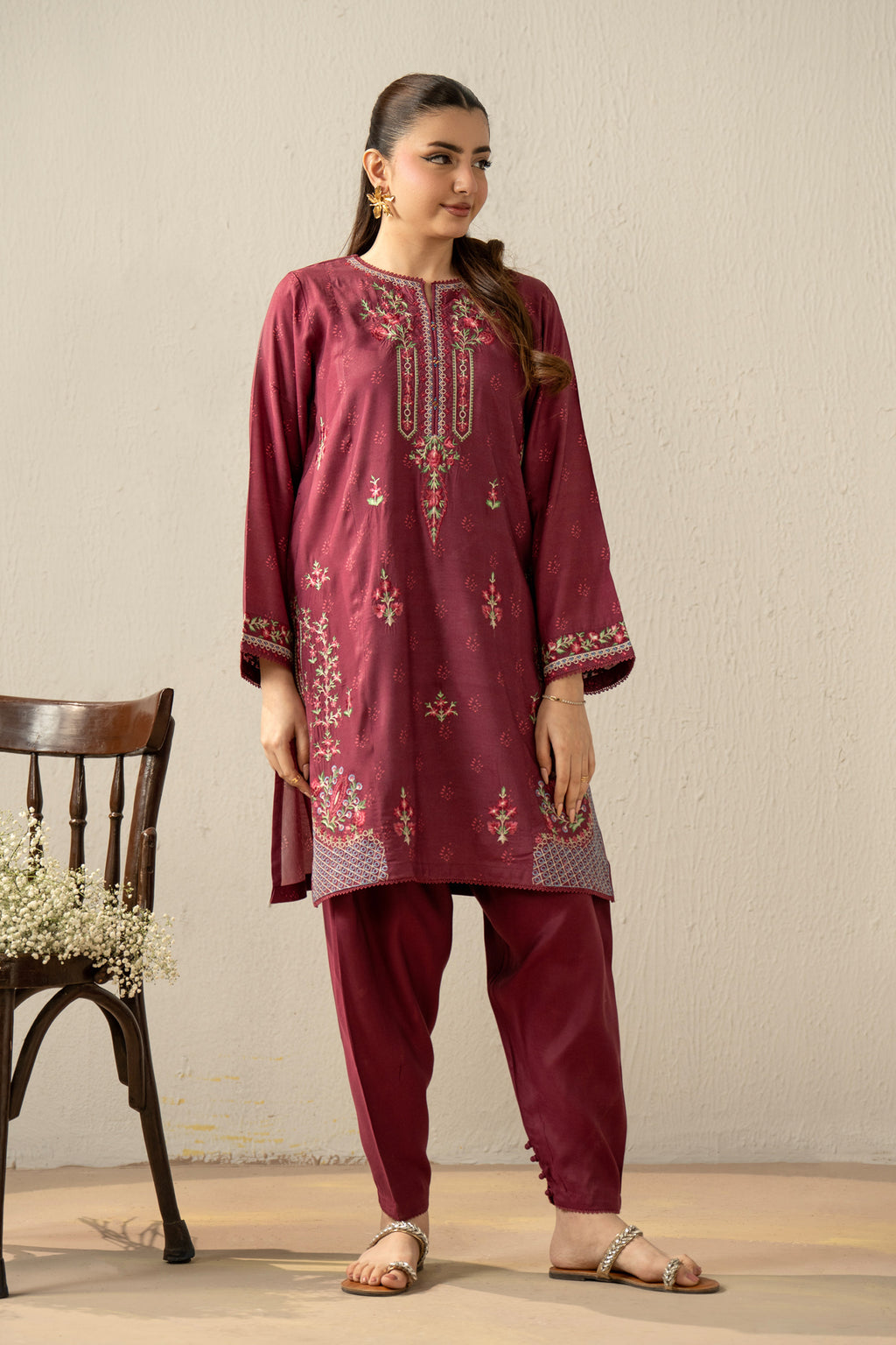 EMBROIDERED RAW SILK STITCHED 3 PIECE SUIT