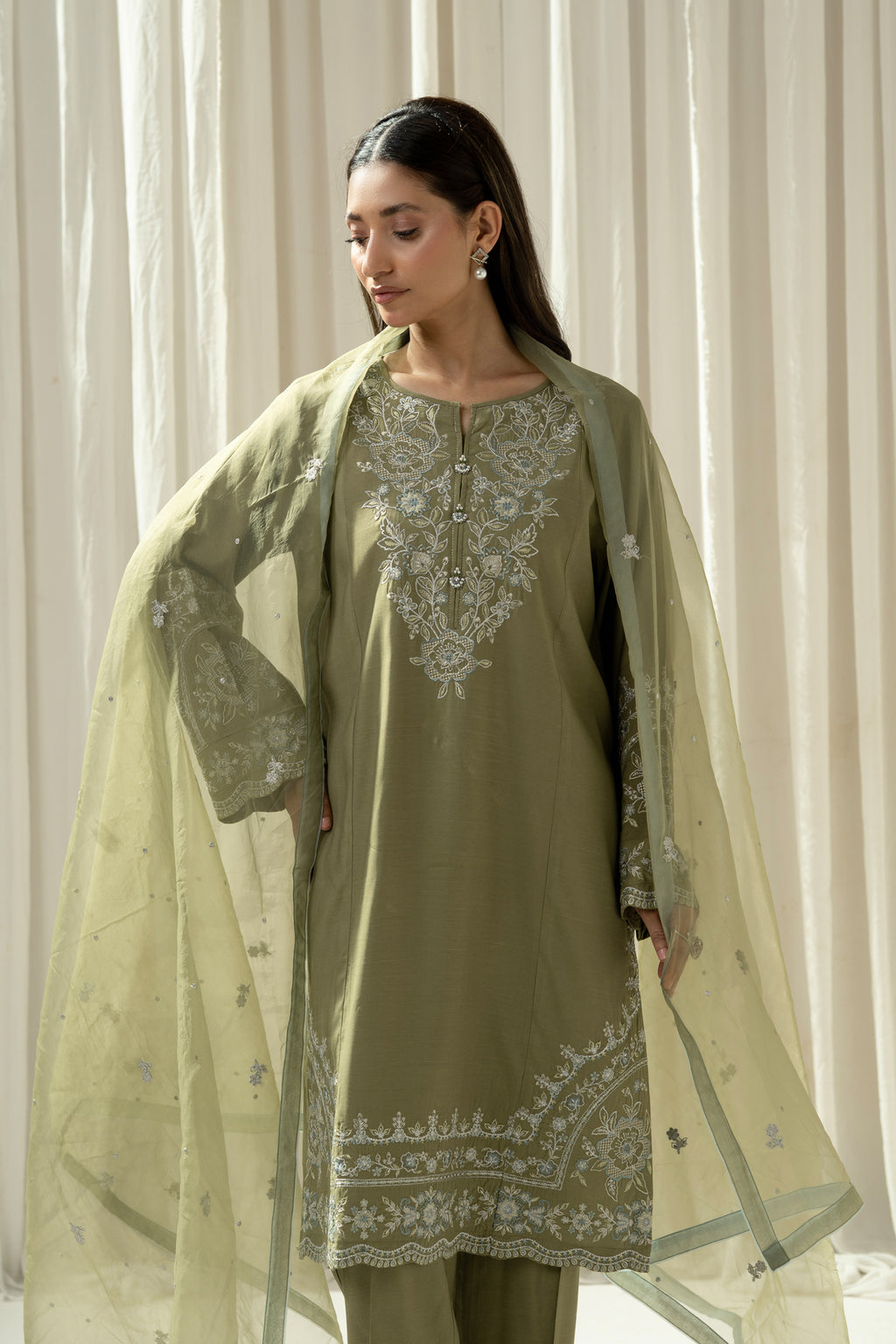 EMBROIDERED RAW SILK STITCHED 3 PIECE SUIT