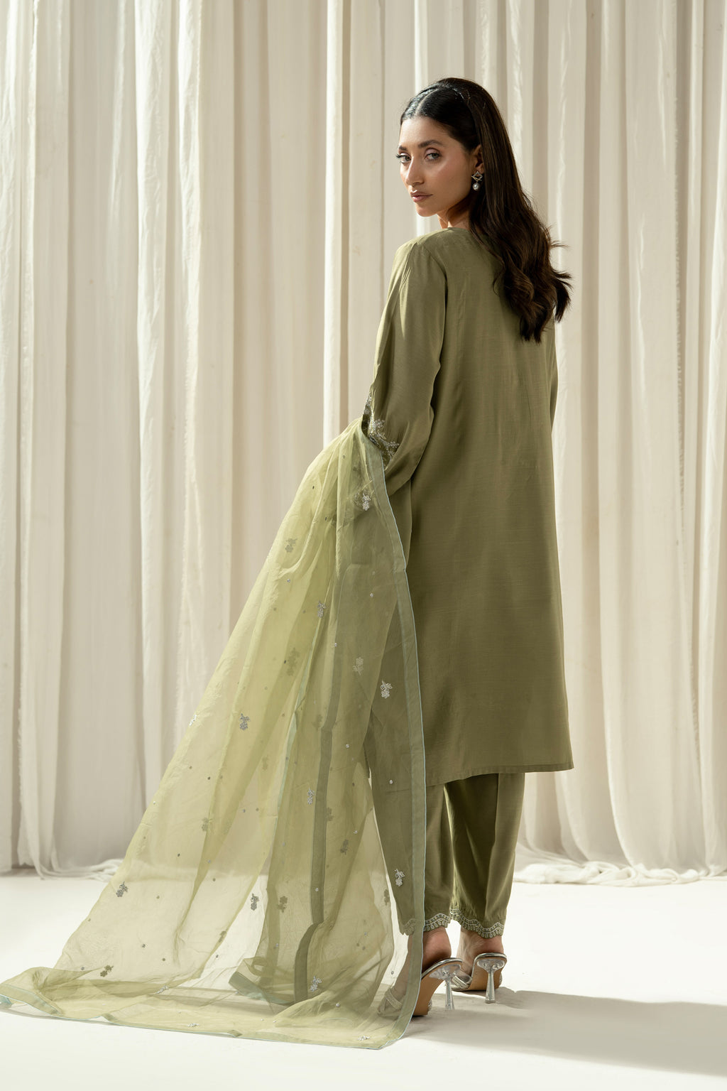 EMBROIDERED RAW SILK STITCHED 3 PIECE SUIT
