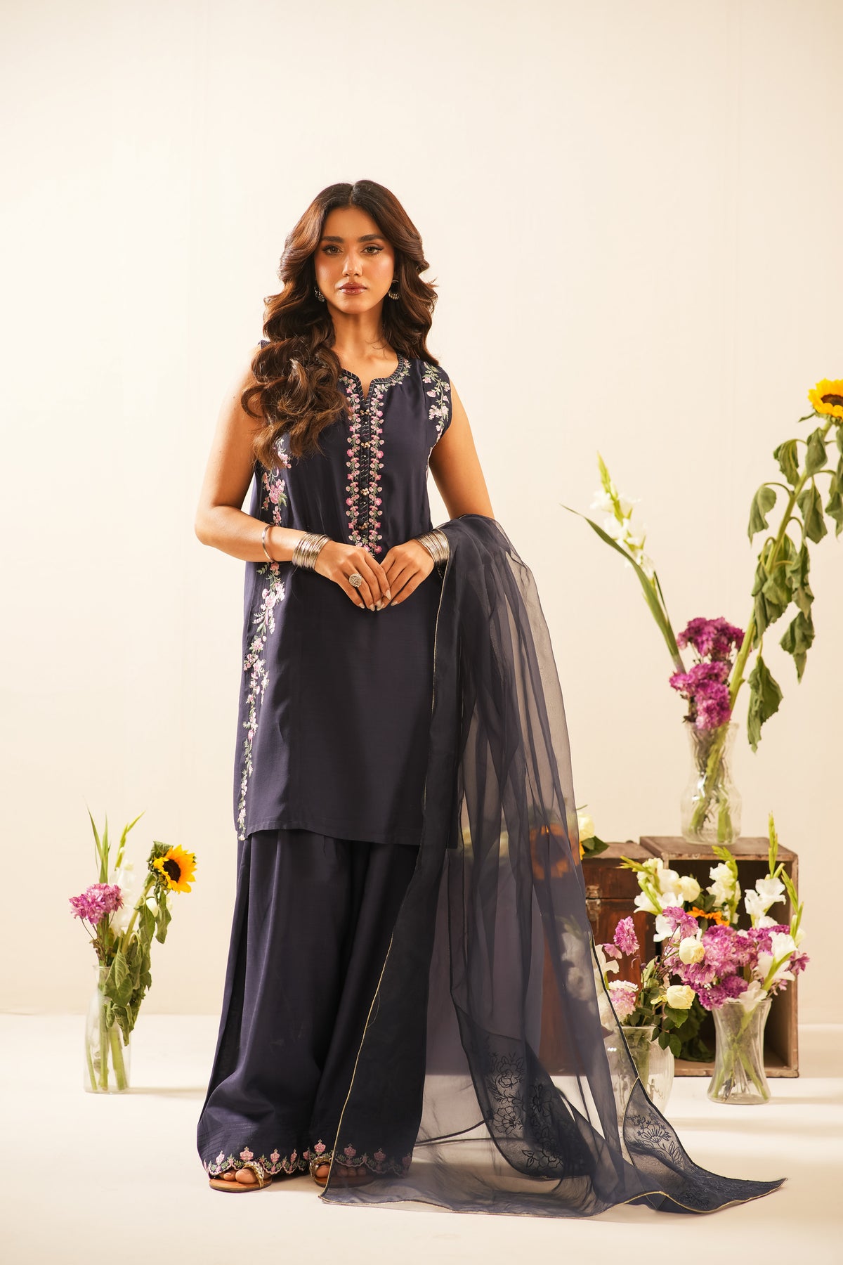 EMBROIDERED RAW SILK STITCHED 3 PIECE SUIT