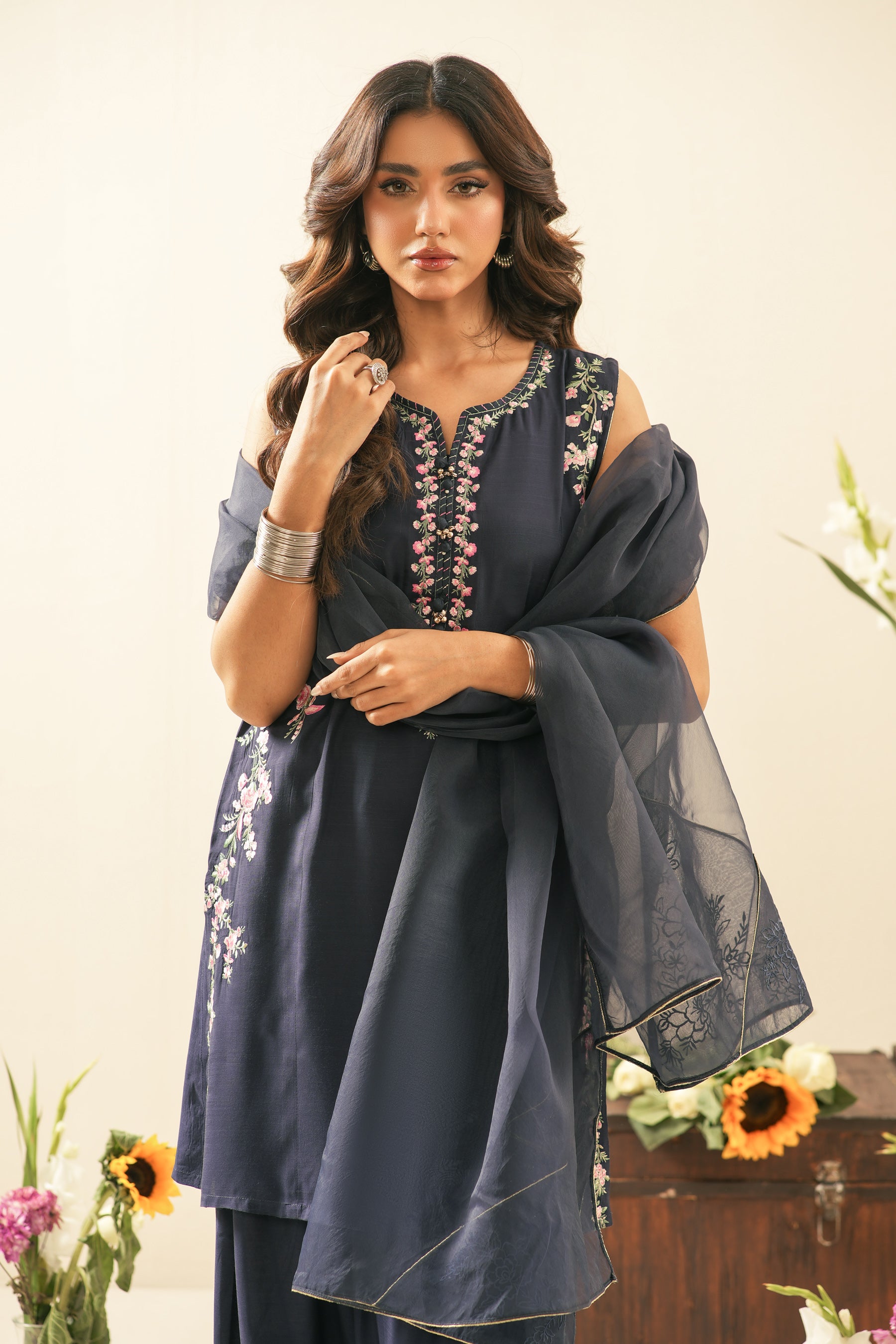 EMBROIDERED RAW SILK STITCHED 3 PIECE SUIT (FACTORY E-OUTLET)