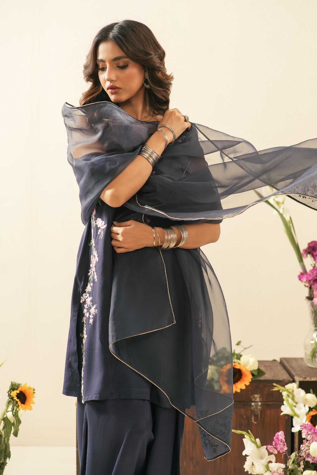 EMBROIDERED RAW SILK STITCHED 3 PIECE SUIT