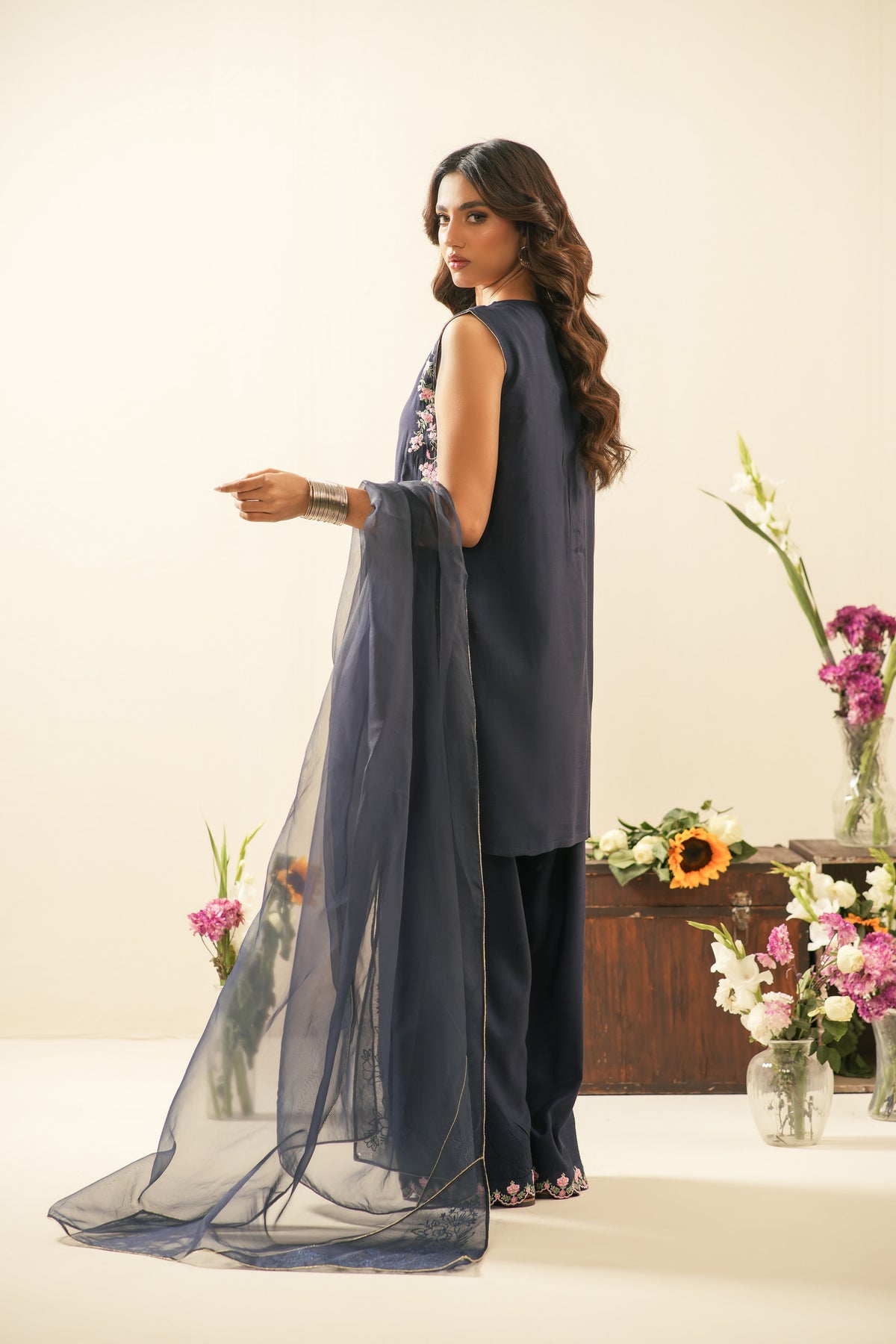 EMBROIDERED RAW SILK STITCHED 3 PIECE SUIT