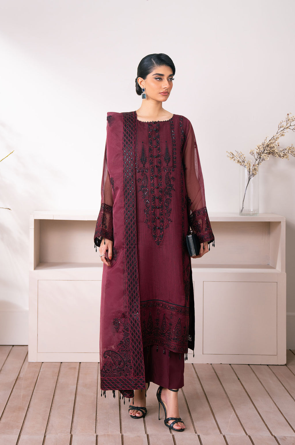 Unstitched 3 Piece Embroidered Semi Formal Suit