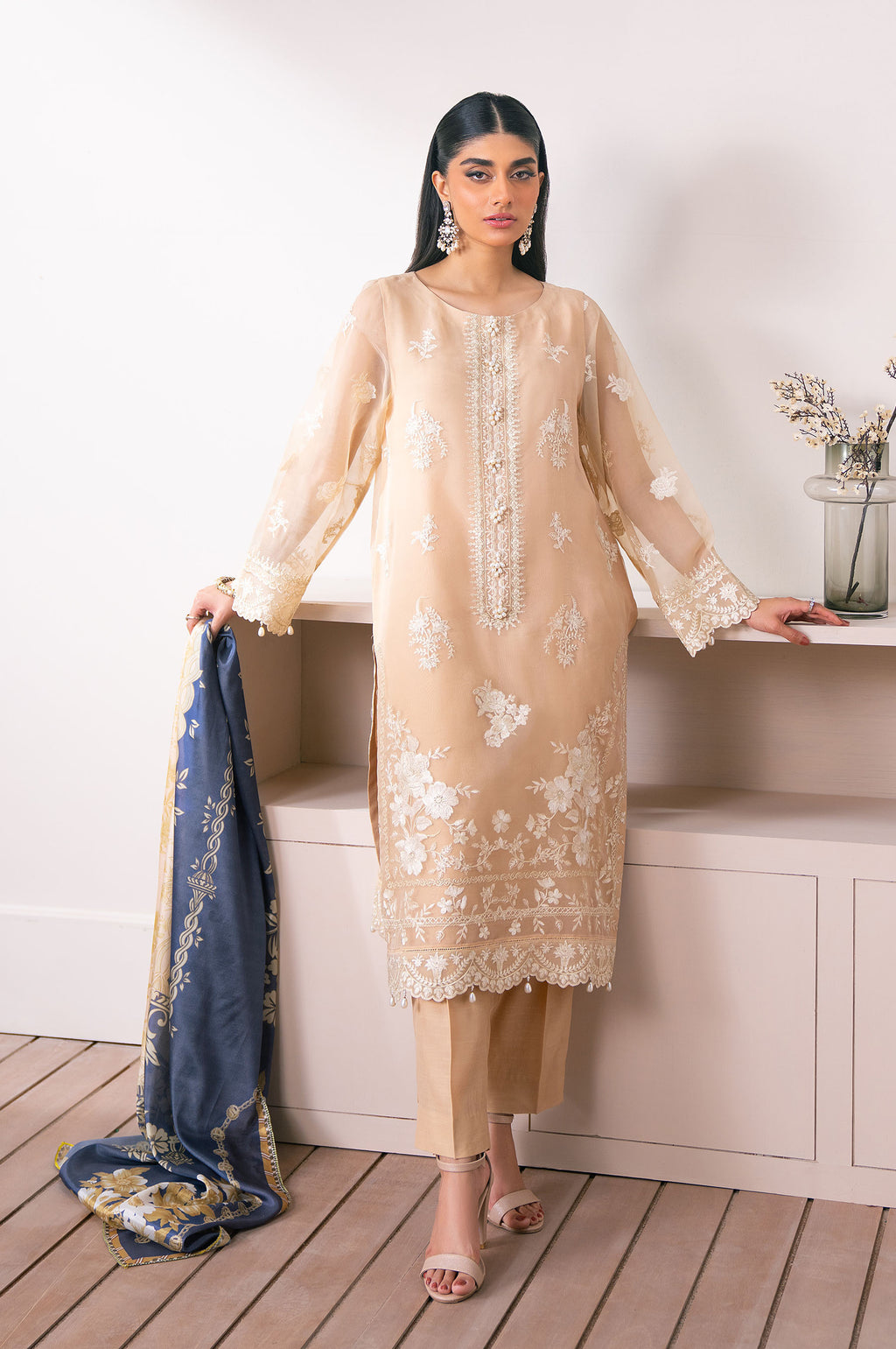 Unstitched 3 Piece Embroidered Semi Formal Suit