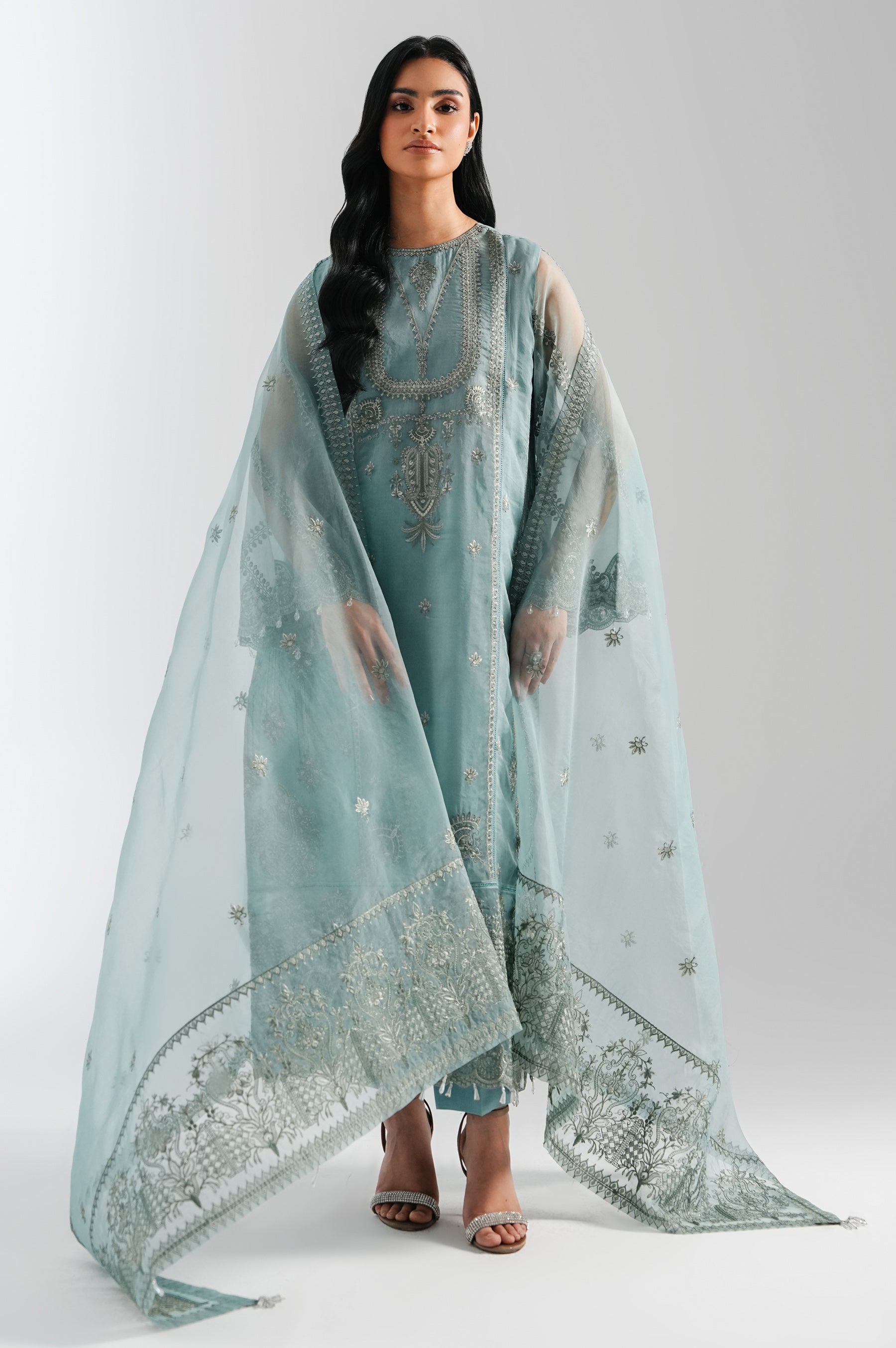 embroidered organza dress pakistani Embroidered Organza Pakistani Dress: Mint Green Maxi Suit