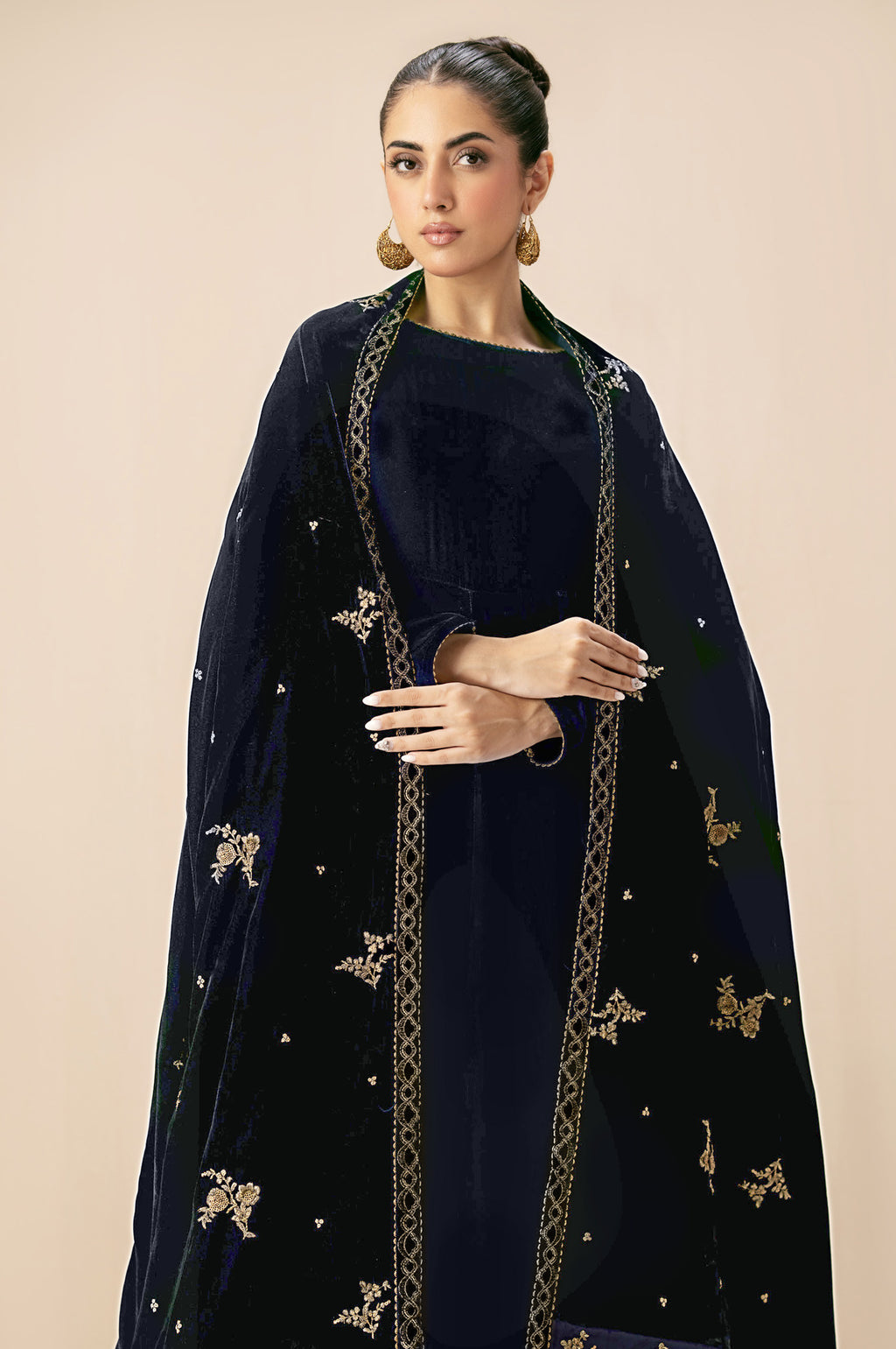 Embroidered Velvet Shawl - Prussian Blue