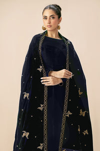 Embroidered Velvet Shawl - Prussian Blue