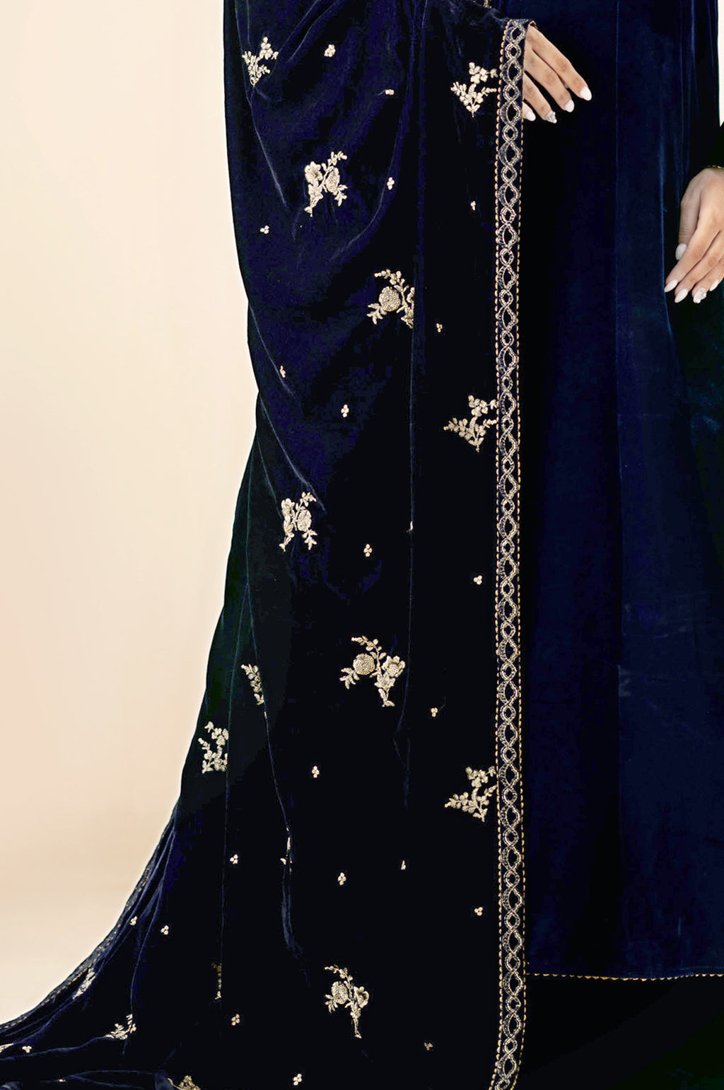 Embroidered Velvet Shawl - Prussian Blue