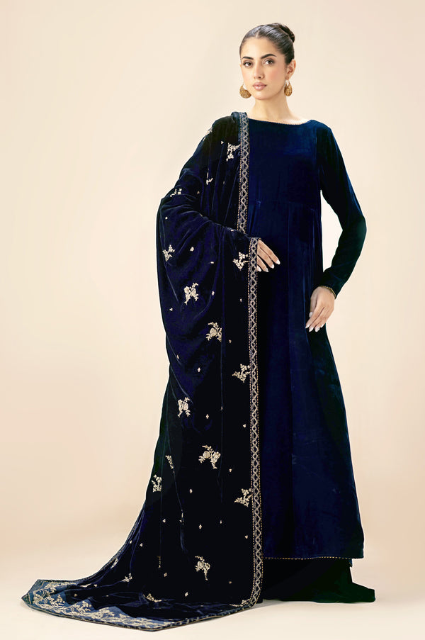 Embroidered Velvet Shawl - Prussian Blue