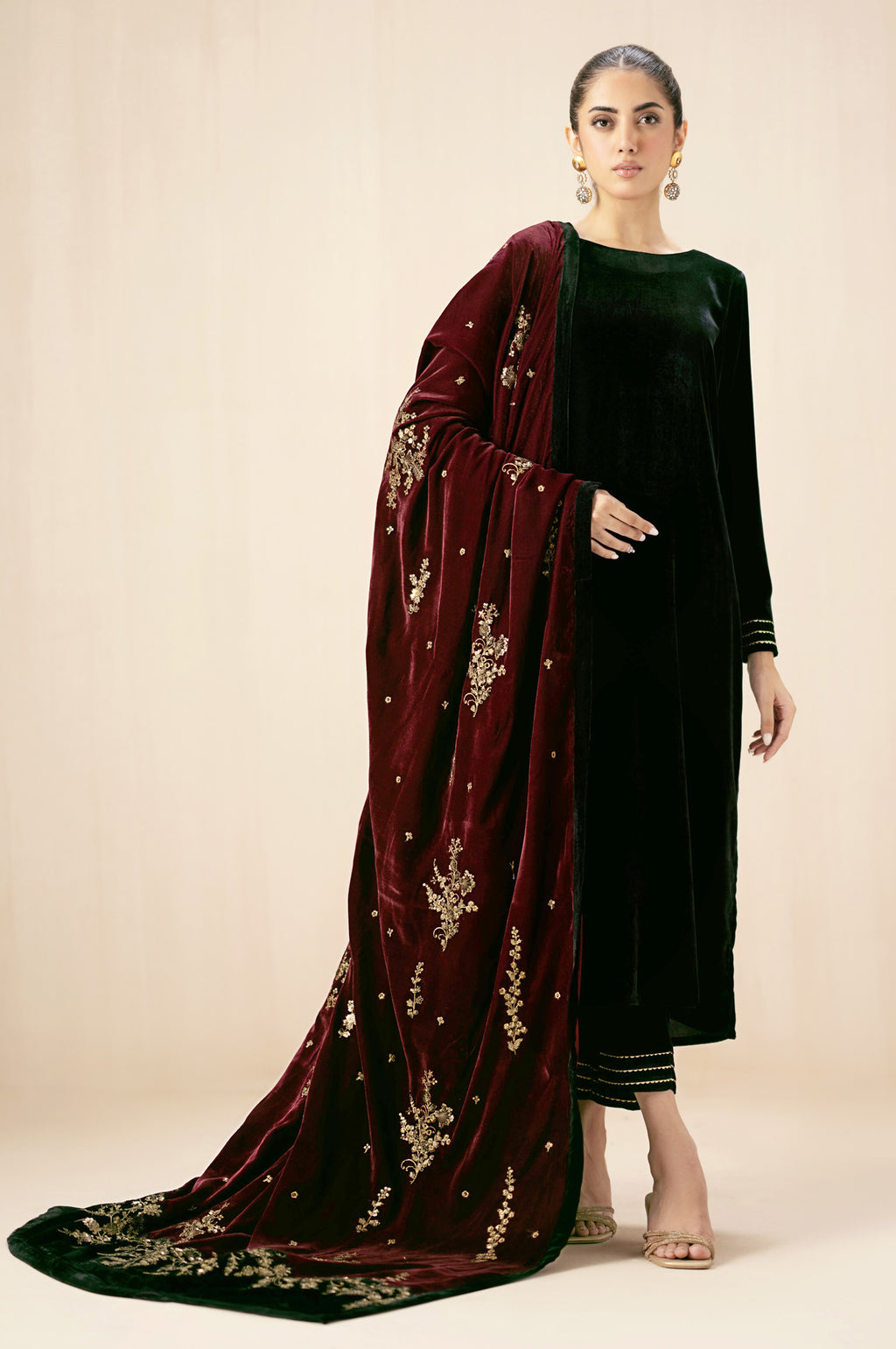 Embroidered Velvet Shawl -  Mahogany