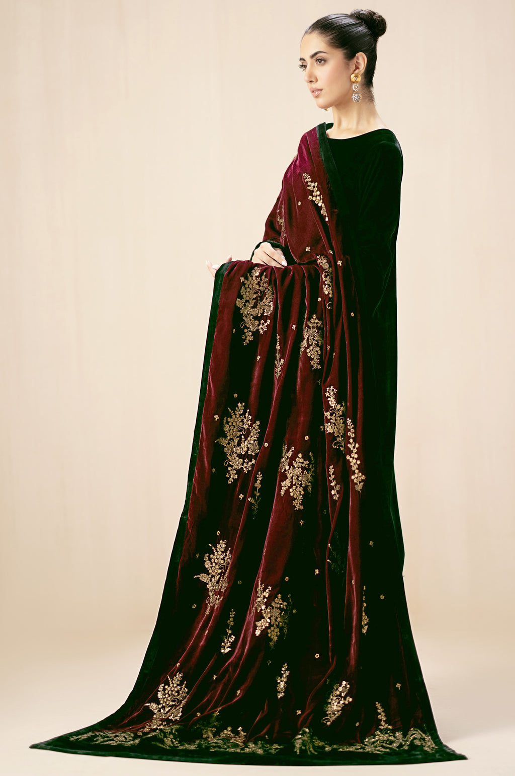 Embroidered Velvet Shawl -  Mahogany