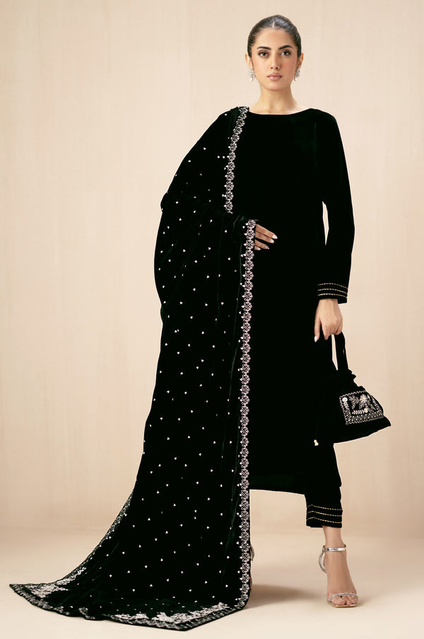 Embroidered Velvet Shawl - Sparkling Black