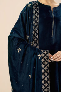 Embroidered Velvet Shawl - Teal