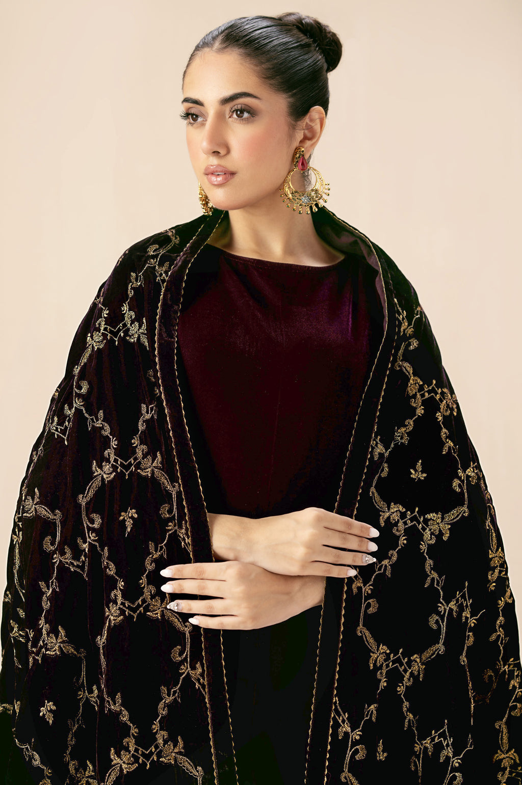 Embroidered Velvet Shawl - Brownish Purple