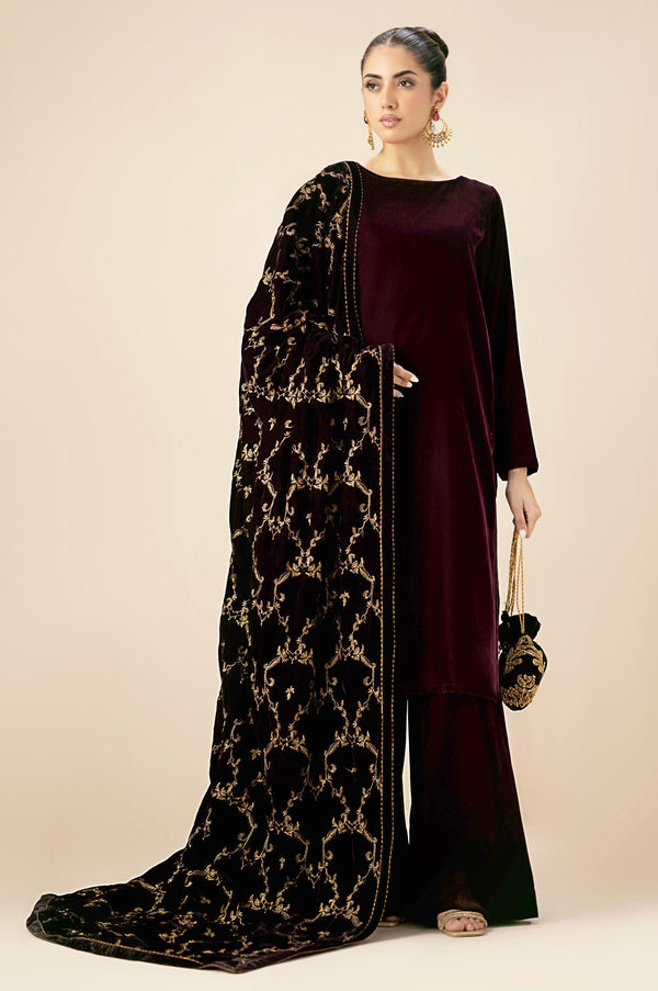 Embroidered Velvet Shawl - Brownish Purple