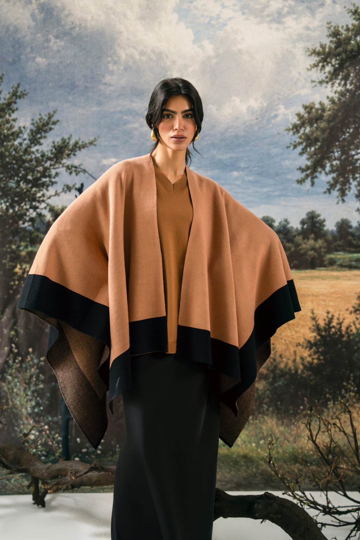 Camel Brown Knitted Cape Shawl for Women by Zeen