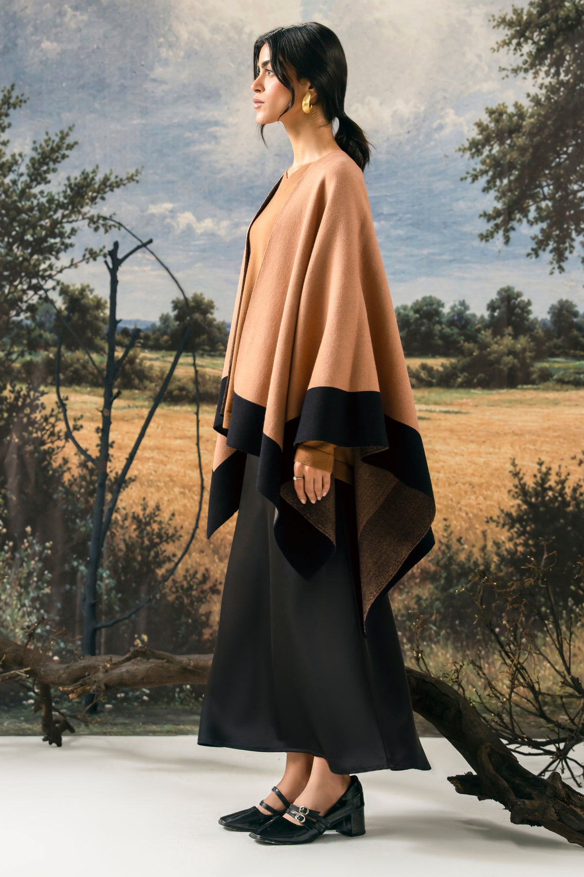 Camel Brown Knitted Cape Shawl for Women by Zeen