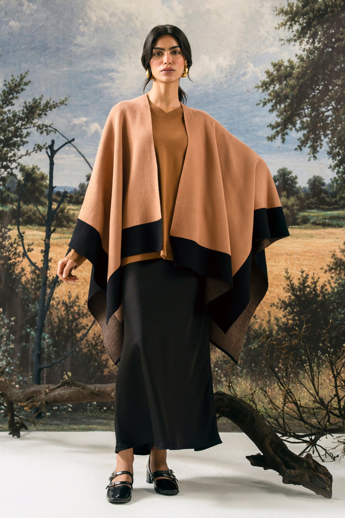Camel Brown Knitted Cape Shawl for Women by Zeen