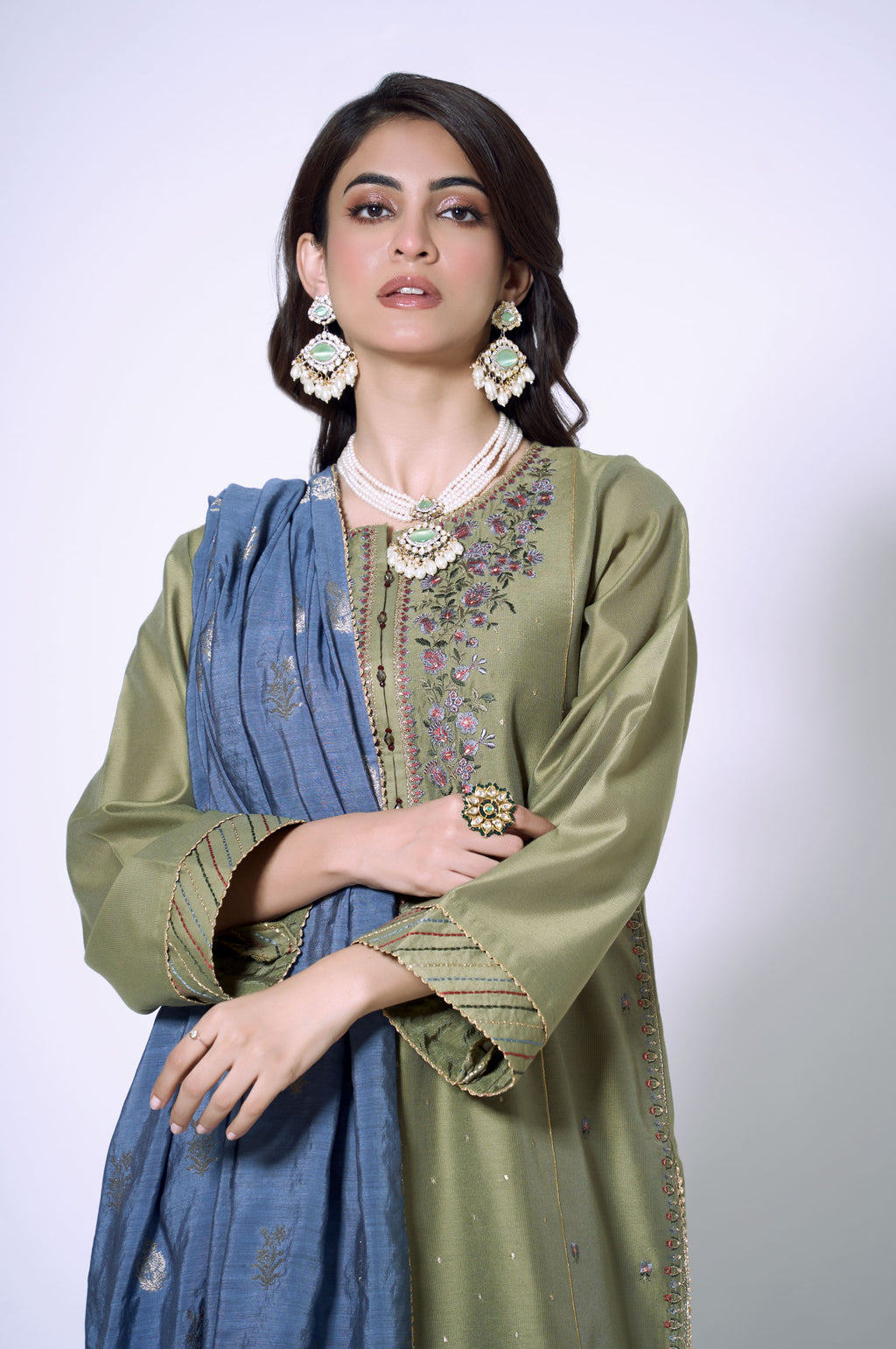 3 Piece Unstitched Embroidered Cotton Net Suit