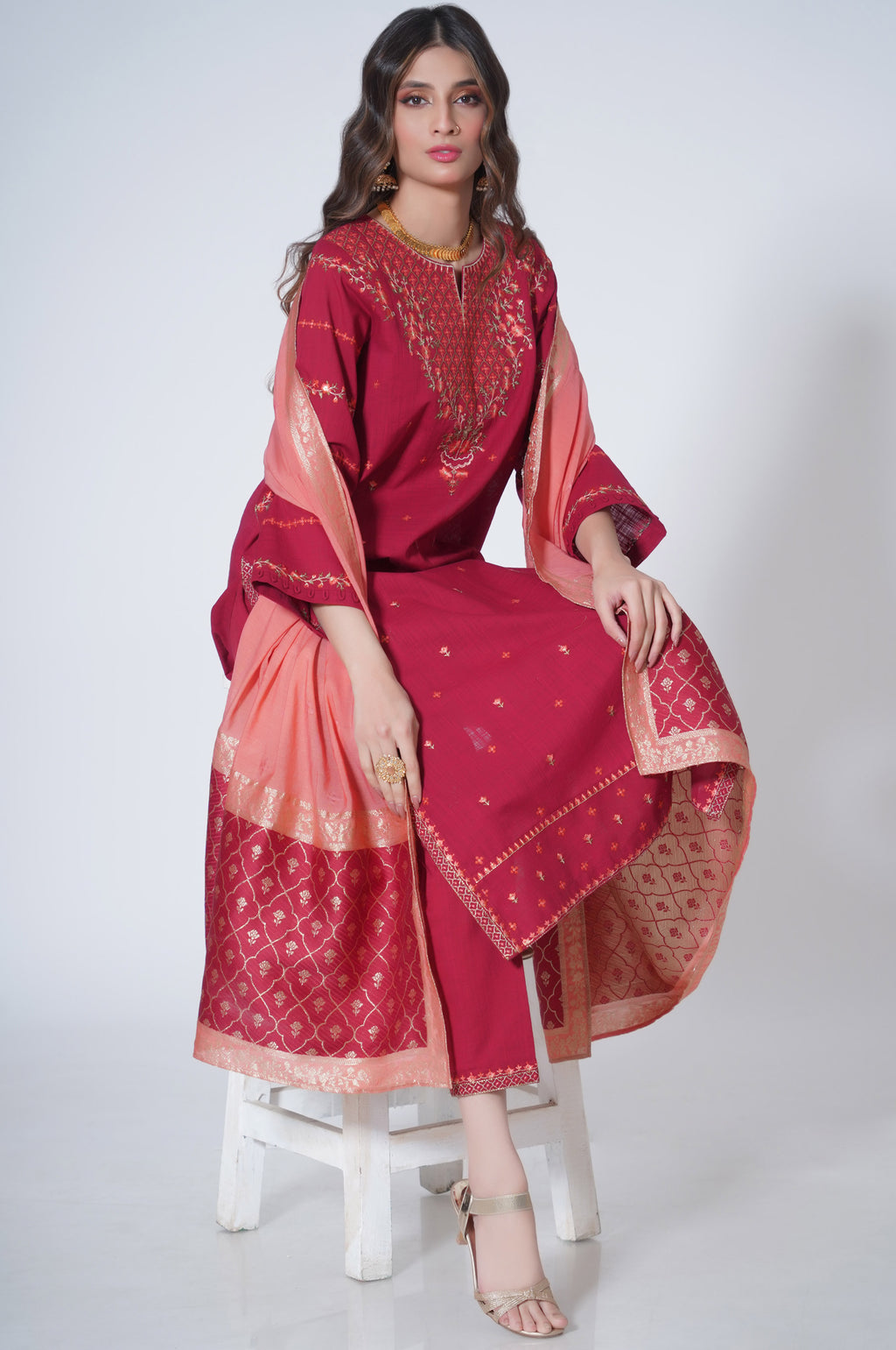 3 Piece Unstitched Embroidered Cotton Slub Suit