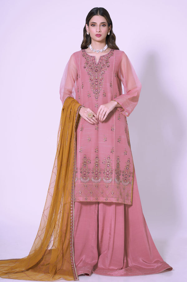 Unstitched 3 Piece Embroidered Textured Organza Suit