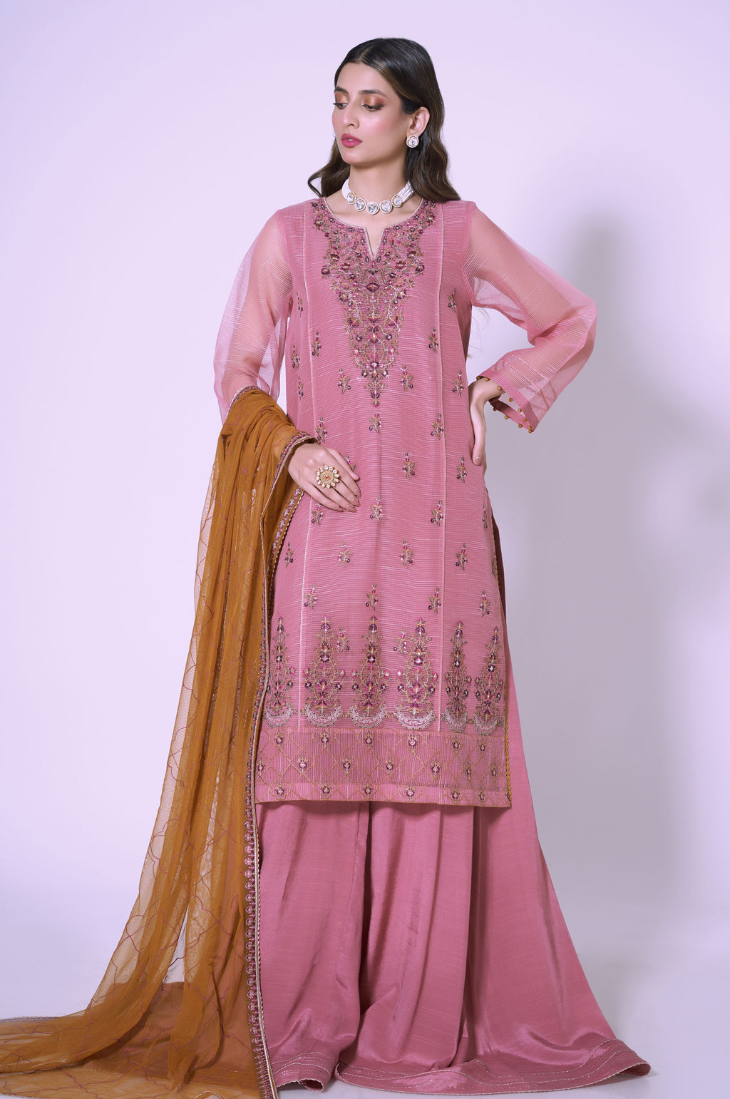 Unstitched 3 Piece Embroidered Textured Organza Suit