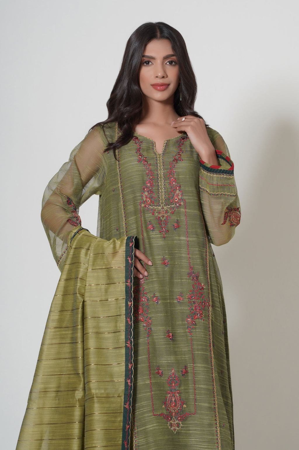 Unstitched 3 Piece Embroidered Slub Khaddi Net Suit