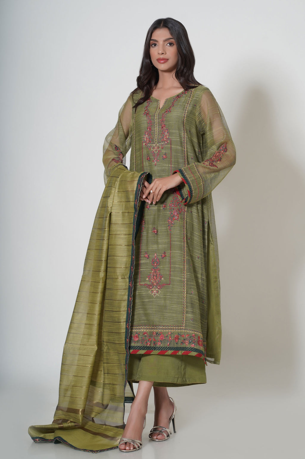 Unstitched 3 Piece Embroidered Slub Khaddi Net Suit