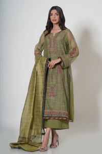 Unstitched 3 Piece Embroidered Slub Khaddi Net Suit
