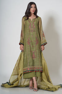 Unstitched 3 Piece Embroidered Slub Khaddi Net Suit